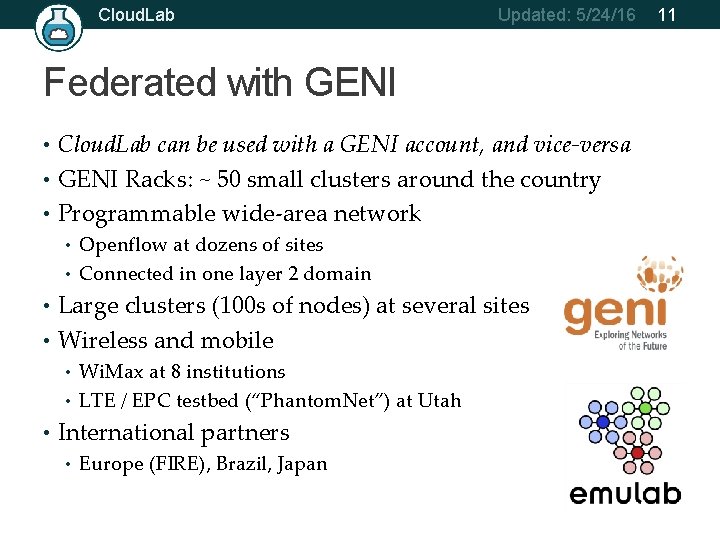 Cloud. Lab Updated: 5/24/16 Federated with GENI • Cloud. Lab can be used with