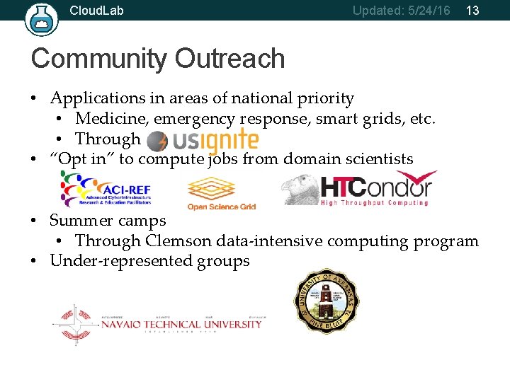 Cloud. Lab Updated: 5/24/16 13 Community Outreach • Applications in areas of national priority