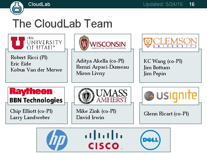 Cloud. Lab Updated: 5/24/16 16 The Cloud. Lab Team Robert Ricci (PI) Eric Eide