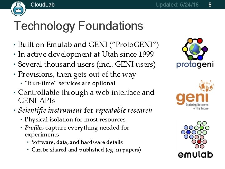 Cloud. Lab Updated: 5/24/16 Technology Foundations • Built on Emulab and GENI (“Proto. GENI”)