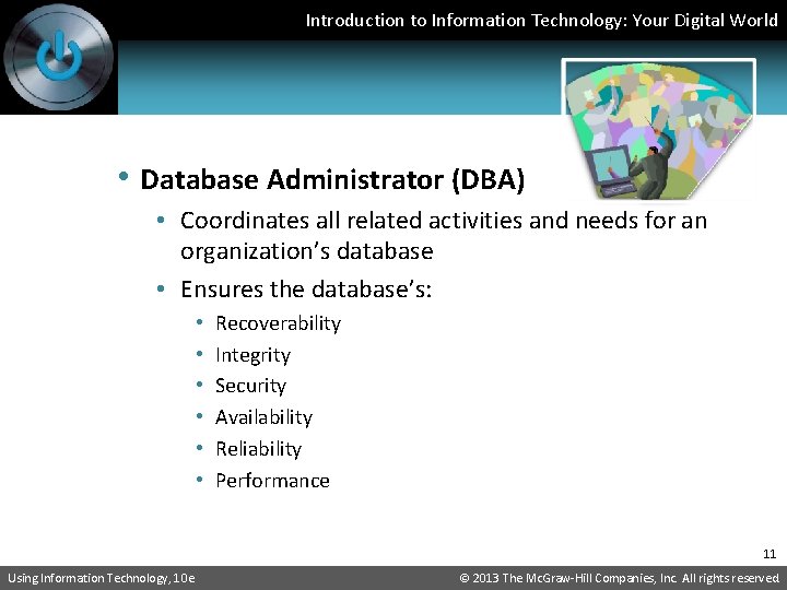 Introduction to Information Technology: Your Digital World • Database Administrator (DBA) • Coordinates all