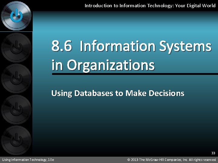 Introduction to Information Technology: Your Digital World 8. 6 Information Systems in Organizations Using