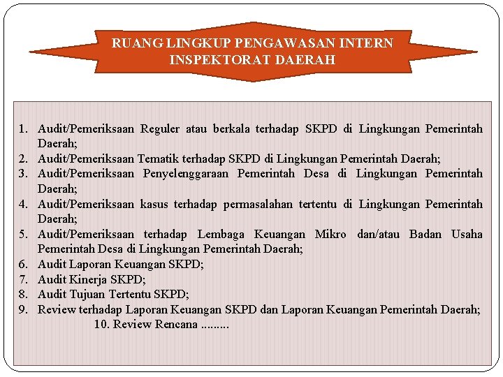 RUANG LINGKUP PENGAWASAN INTERN INSPEKTORAT DAERAH 1. Audit/Pemeriksaan Reguler atau berkala terhadap SKPD di