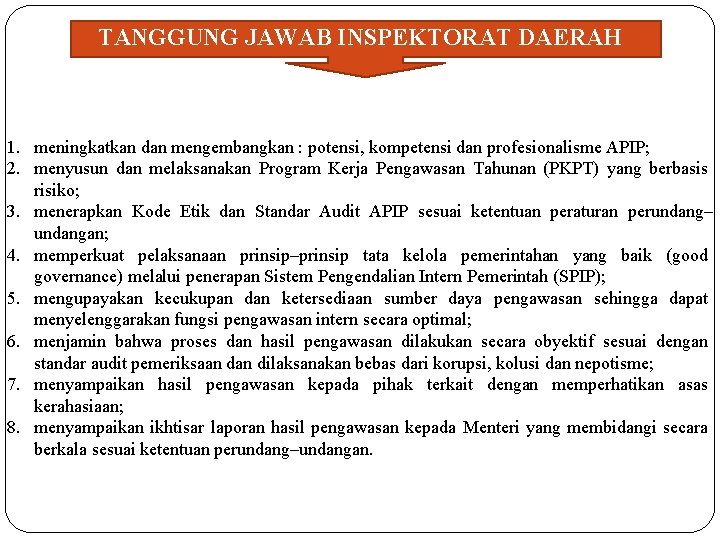 TANGGUNG JAWAB INSPEKTORAT DAERAH 1. meningkatkan dan mengembangkan : potensi, kompetensi dan profesionalisme APIP;