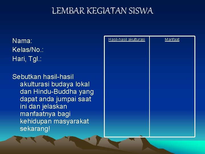 LEMBAR KEGIATAN SISWA Nama: Kelas/No. : Hari, Tgl. : Sebutkan hasil-hasil akulturasi budaya lokal