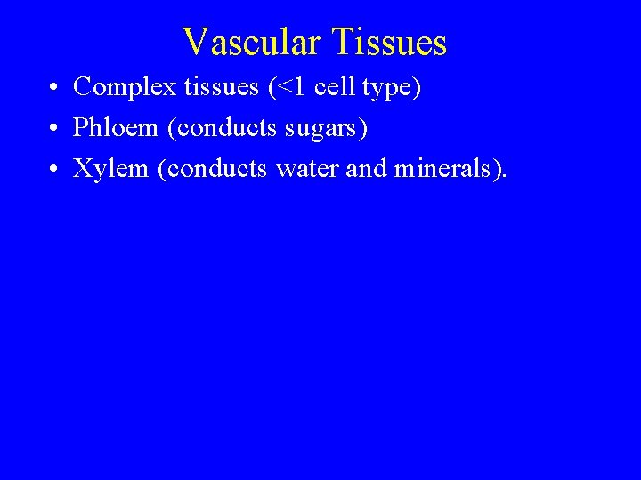 Vascular Tissues • Complex tissues (<1 cell type) • Phloem (conducts sugars) • Xylem