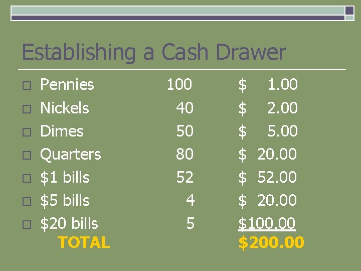 Establishing a Cash Drawer o o o o Pennies Nickels Dimes Quarters $1 bills