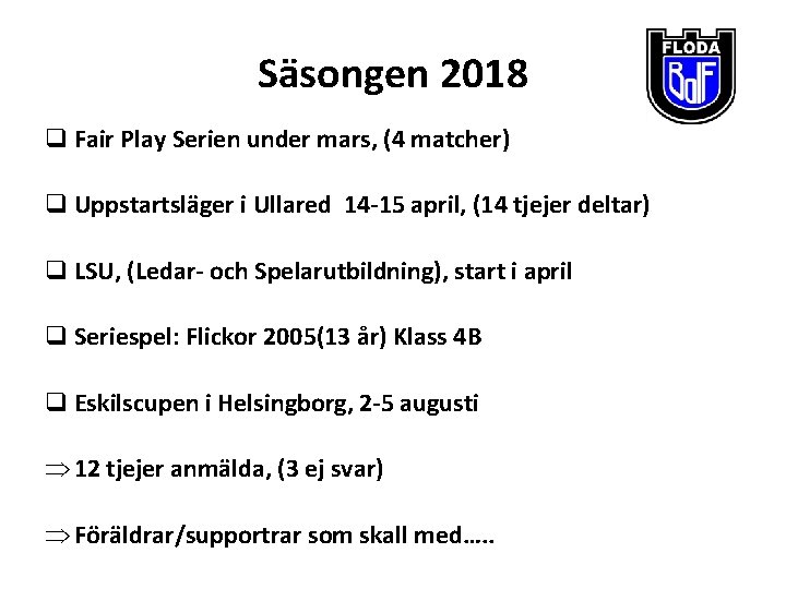 Säsongen 2018 q Fair Play Serien under mars, (4 matcher) q Uppstartsläger i Ullared