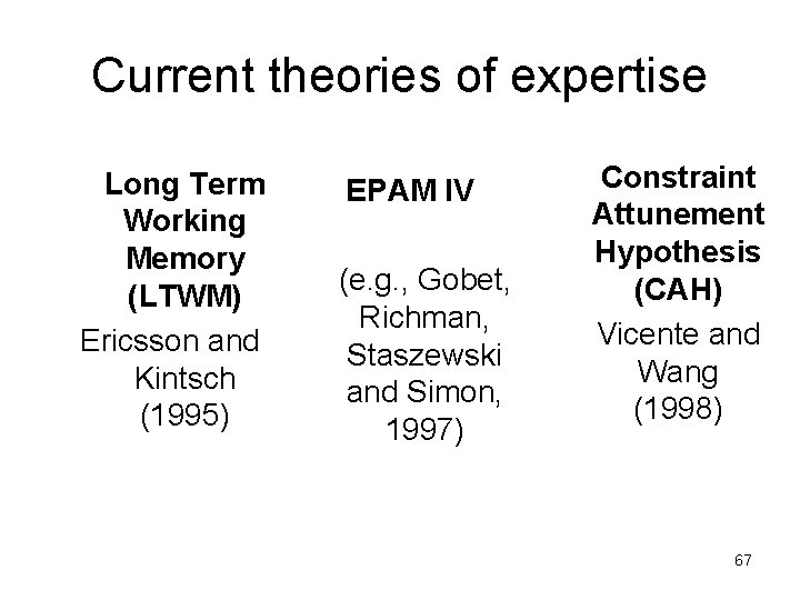 Current theories of expertise Long Term Working Memory (LTWM) Ericsson and Kintsch (1995) EPAM