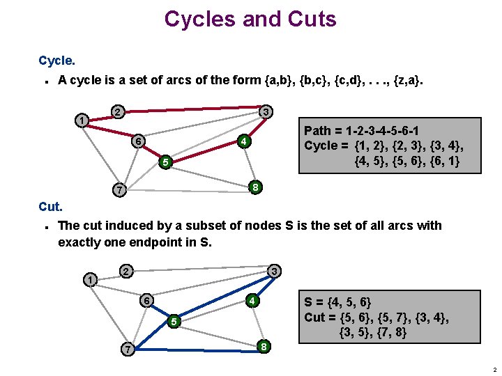 Cycles and Cuts Cycle. n A cycle is a set of arcs of the