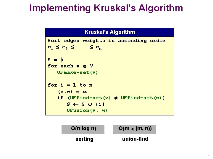 Implementing Kruskal's Algorithm Sort edges weights in ascending order c 1 c 2 .