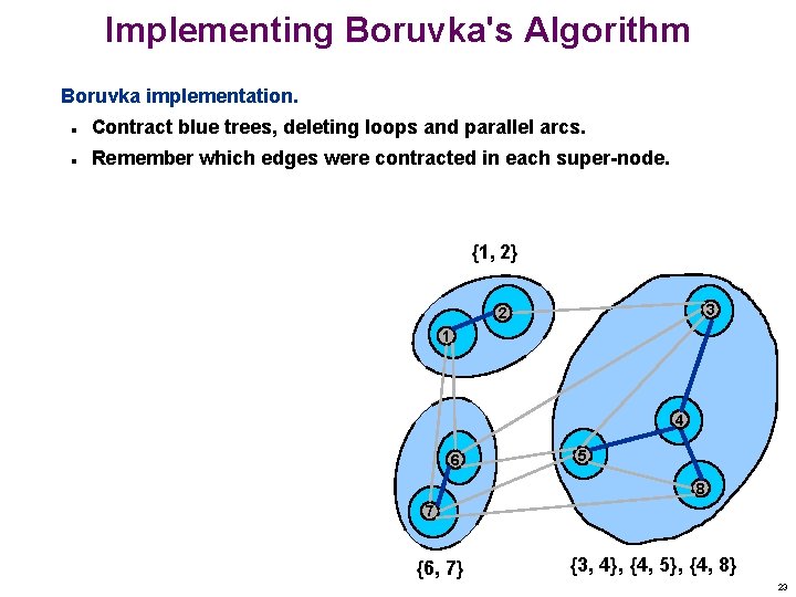 Implementing Boruvka's Algorithm Boruvka implementation. n Contract blue trees, deleting loops and parallel arcs.