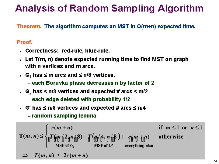Analysis of Random Sampling Algorithm Theorem. The algorithm computes an MST in O(m+n) expected