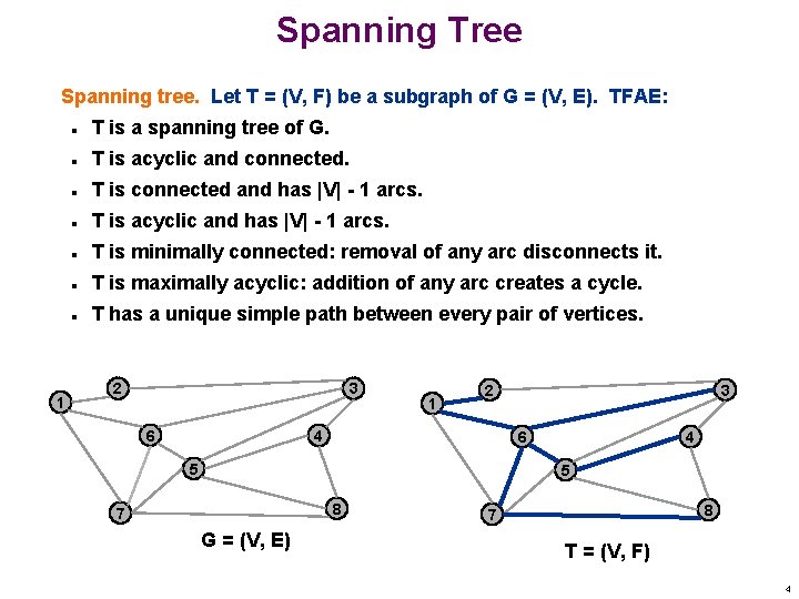 Spanning Tree Spanning tree. Let T = (V, F) be a subgraph of G