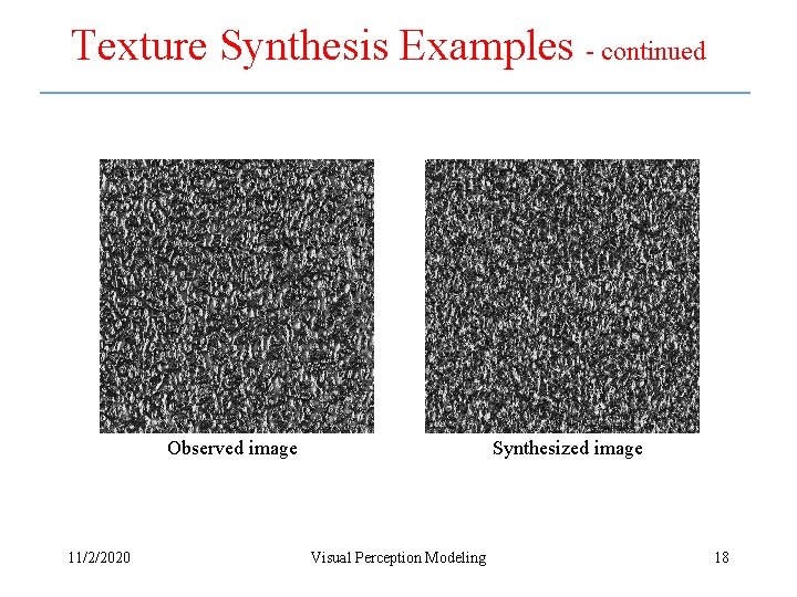 Texture Synthesis Examples - continued Observed image 11/2/2020 Synthesized image Visual Perception Modeling 18 Texture Synthesis Examples - continued Observed image 11/2/2020 Synthesized image Visual Perception Modeling 18