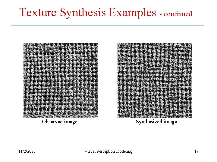 Texture Synthesis Examples - continued Observed image 11/2/2020 Synthesized image Visual Perception Modeling 19 Texture Synthesis Examples - continued Observed image 11/2/2020 Synthesized image Visual Perception Modeling 19