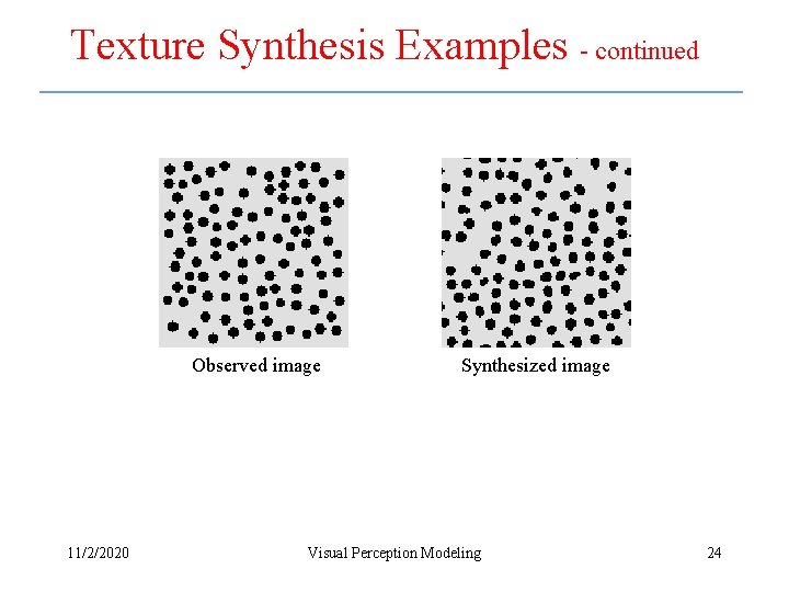 Texture Synthesis Examples - continued Observed image 11/2/2020 Synthesized image Visual Perception Modeling 24 Texture Synthesis Examples - continued Observed image 11/2/2020 Synthesized image Visual Perception Modeling 24