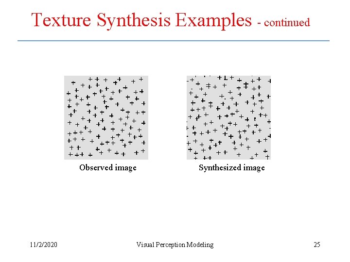 Texture Synthesis Examples - continued Observed image 11/2/2020 Synthesized image Visual Perception Modeling 25 Texture Synthesis Examples - continued Observed image 11/2/2020 Synthesized image Visual Perception Modeling 25