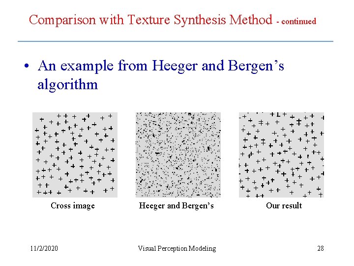 Comparison with Texture Synthesis Method - continued • An example from Heeger and Bergen’s Comparison with Texture Synthesis Method - continued • An example from Heeger and Bergen’s