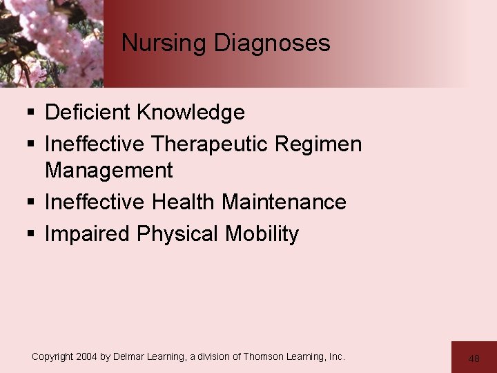 Nursing Diagnoses § Deficient Knowledge § Ineffective Therapeutic Regimen Management § Ineffective Health Maintenance