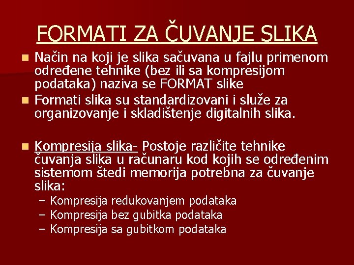 FORMATI ZA ČUVANJE SLIKA Način na koji je slika sačuvana u fajlu primenom određene