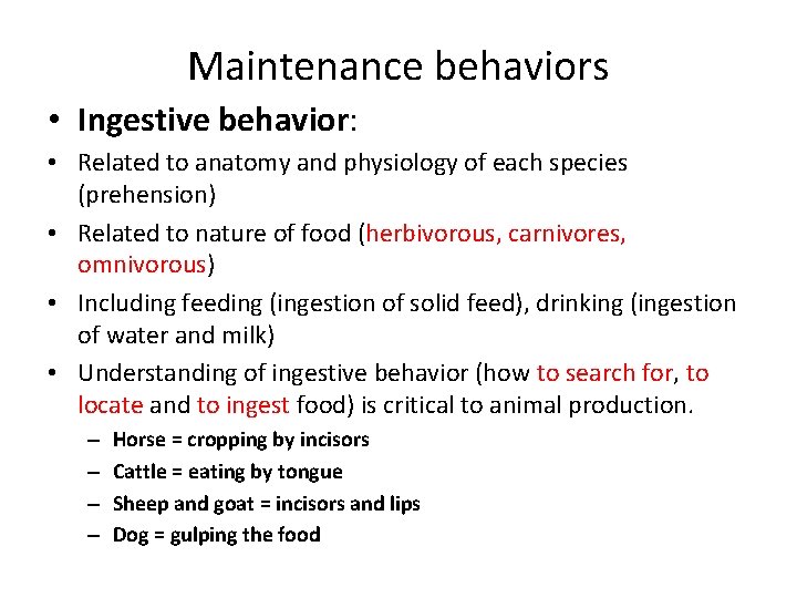 Maintenance behaviors • Ingestive behavior: • Related to anatomy and physiology of each species