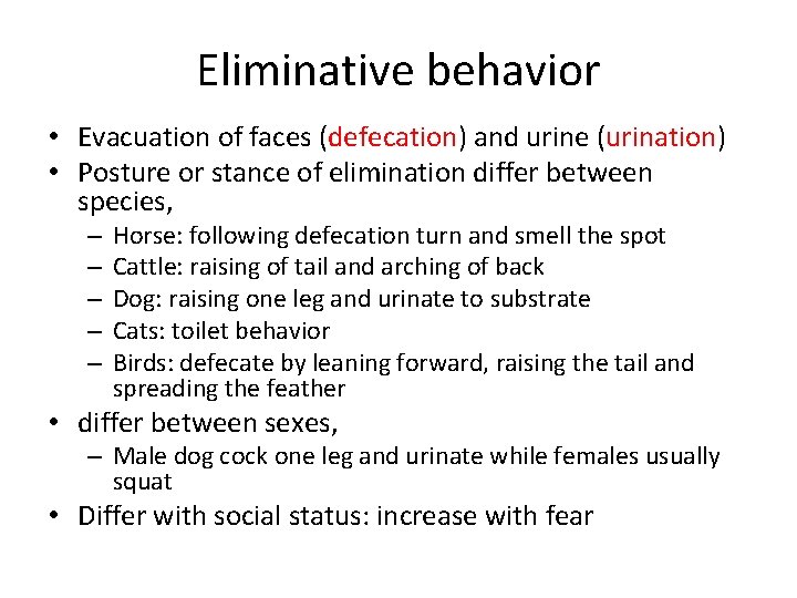 Eliminative behavior • Evacuation of faces (defecation) and urine (urination) • Posture or stance