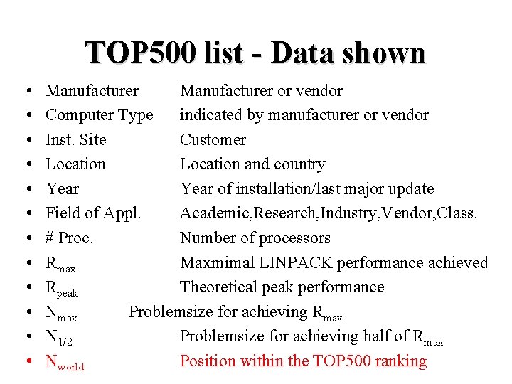 TOP 500 list - Data shown • • • Manufacturer or vendor Computer Type