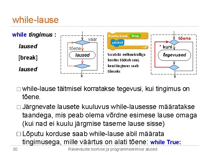 while-lause while tingimus : laused [break] laused � while-lause Scratchi eelkontrolliga kordus töötab seni,