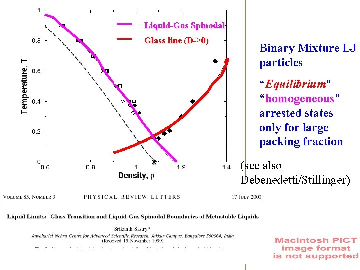 Liquid-Gas Spinodal Glass line (D->0) Binary Mixture LJ particles “Equilibrium” “homogeneous” arrested states only