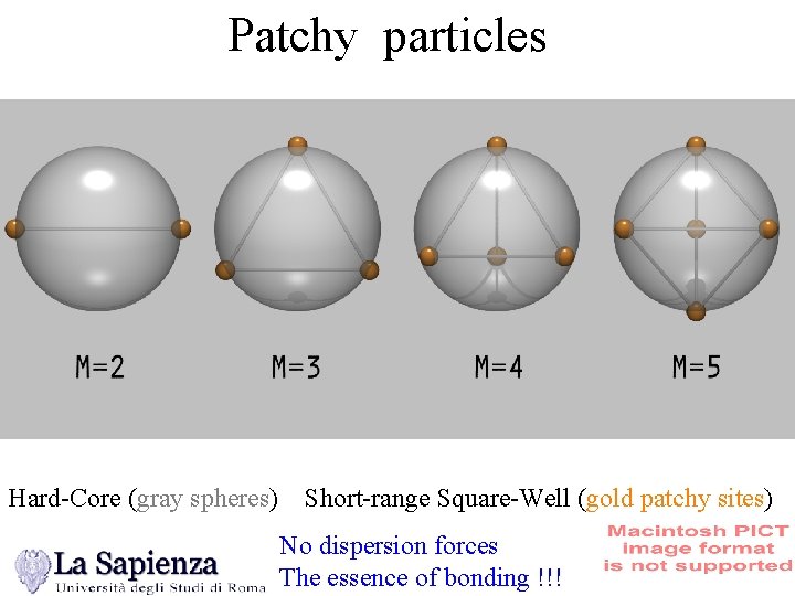 Patchy particles Hard-Core (gray spheres) Short-range Square-Well (gold patchy sites) No dispersion forces The