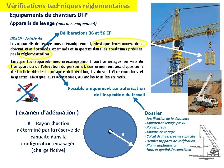 Vérifications techniques réglementaires Equipements de chantiers BTP Appareils de levage (mus mécaniquement) Délibérations 36