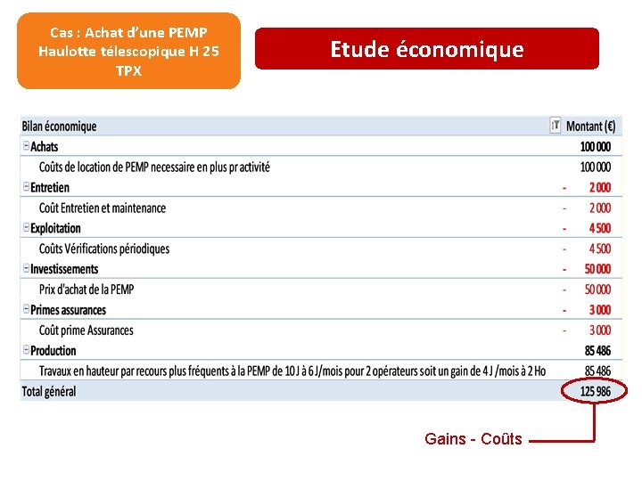 Cas : Achat d’une PEMP Haulotte télescopique H 25 TPX Etude économique Gains -