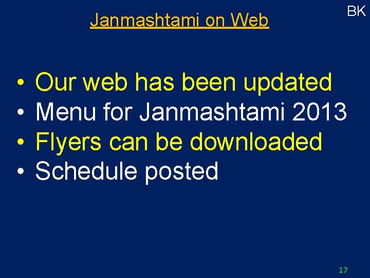 Janmashtami on Web • • BK Our web has been updated Menu for Janmashtami