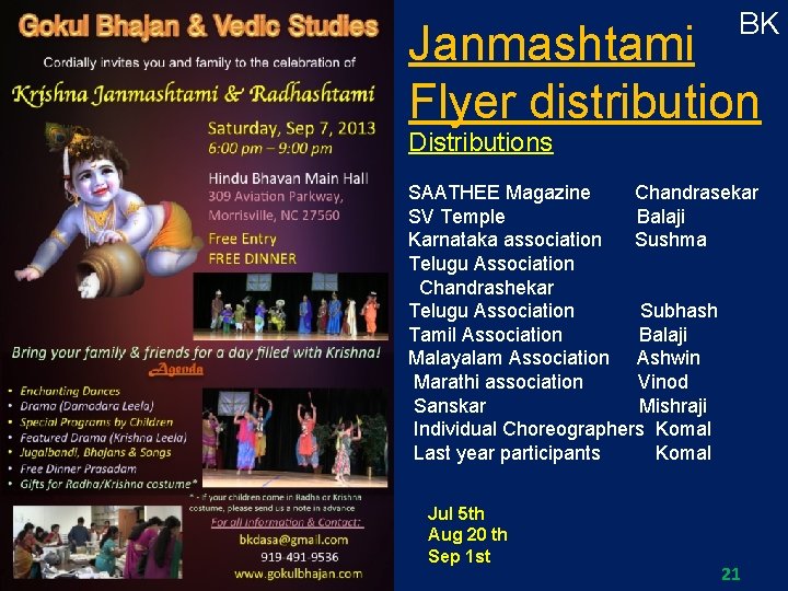 BK Janmashtami Flyer distribution Distributions SAATHEE Magazine Chandrasekar SV Temple Balaji Karnataka association Sushma