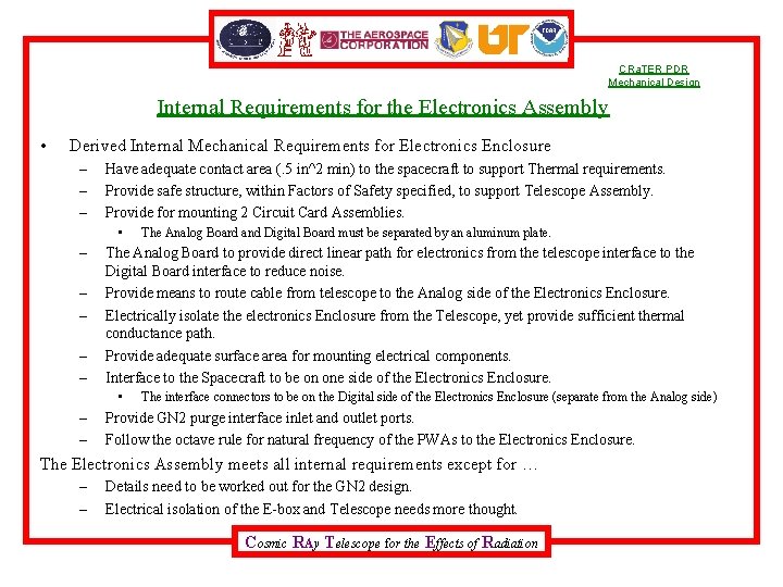 CRa. TER PDR Mechanical Design Internal Requirements for the Electronics Assembly • Derived Internal