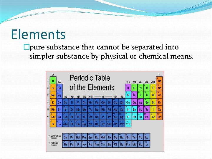 Elements �pure substance that cannot be separated into simpler substance by physical or chemical