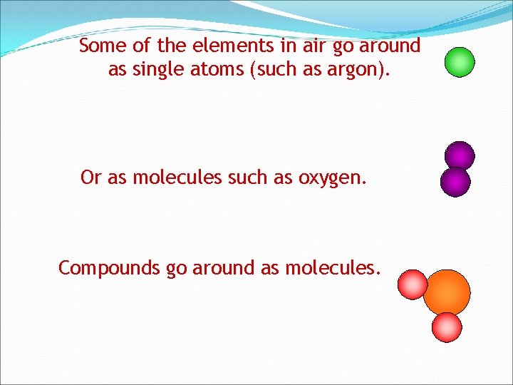 Some of the elements in air go around as single atoms (such as argon).