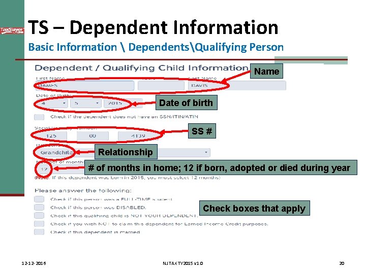 TS – Dependent Information Basic Information  DependentsQualifying Person Name Date of birth SS