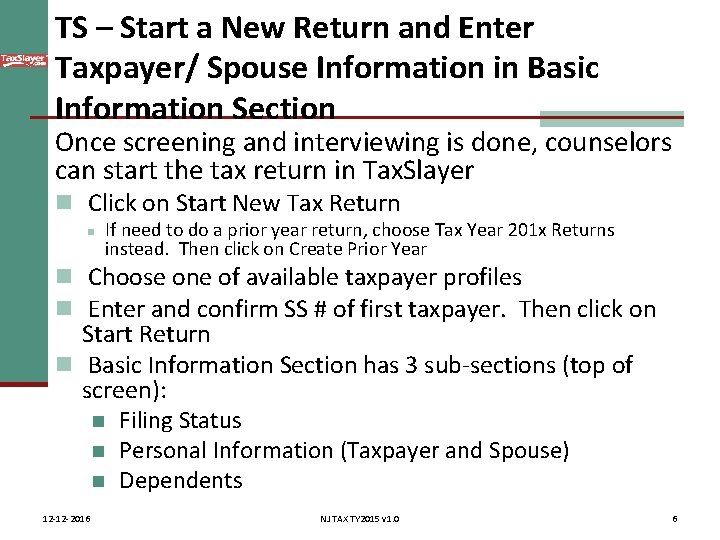 TS – Start a New Return and Enter Taxpayer/ Spouse Information in Basic Information