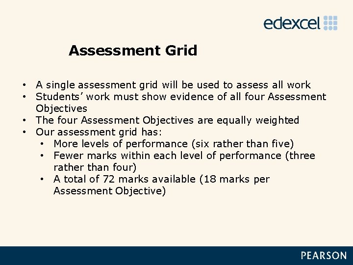 Assessment Grid • A single assessment grid will be used to assess all work