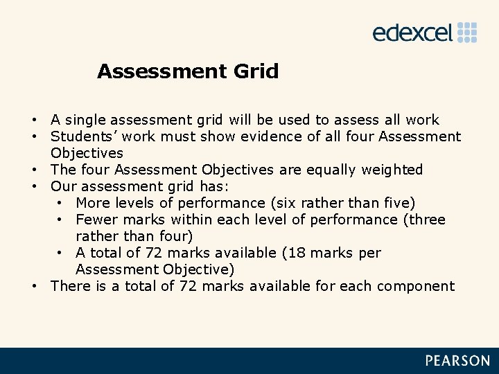 Assessment Grid • A single assessment grid will be used to assess all work