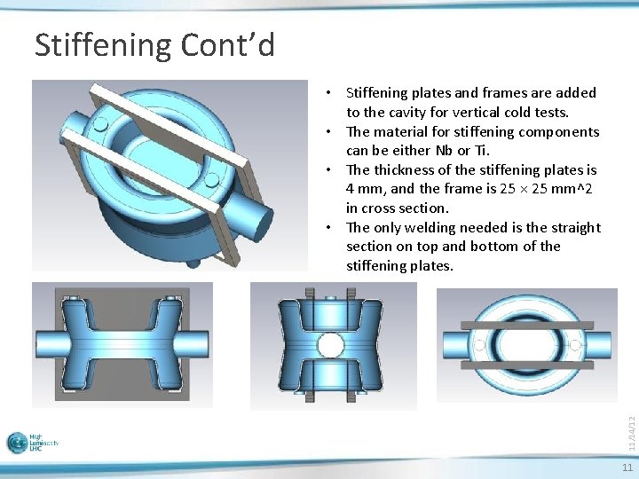 Stiffening Cont’d 11/14/12 • Stiffening plates and frames are added to the cavity for