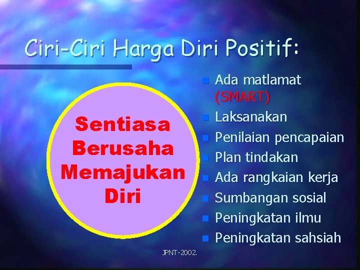 Ciri-Ciri Harga Diri Positif: n Sentiasa Berusaha Memajukan Diri n n n n JPNT-2002.