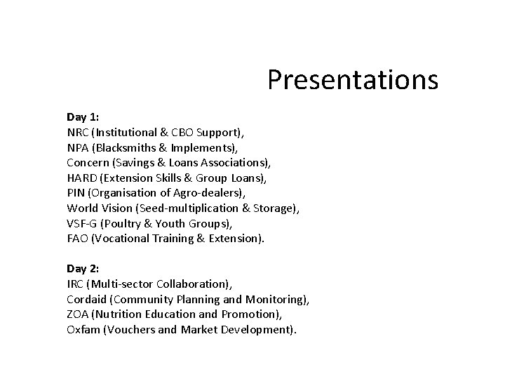  Presentations Day 1: NRC (Institutional & CBO Support), NPA (Blacksmiths & Implements), Concern