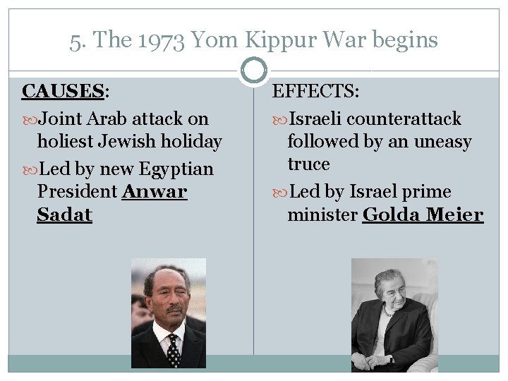 5. The 1973 Yom Kippur War begins CAUSES: Joint Arab attack on holiest Jewish