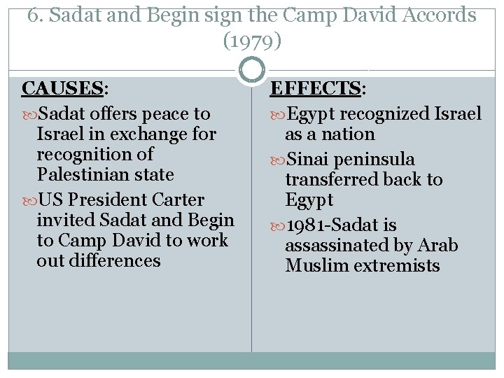 6. Sadat and Begin sign the Camp David Accords (1979) CAUSES: Sadat offers peace