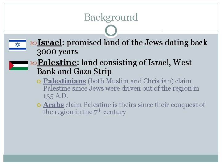 Background Israel: promised land of the Jews dating back 3000 years Palestine: land consisting