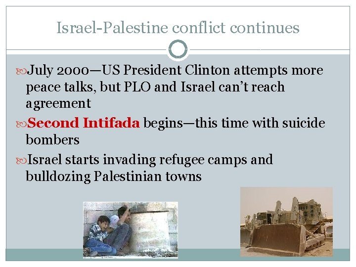 Israel-Palestine conflict continues July 2000—US President Clinton attempts more peace talks, but PLO and