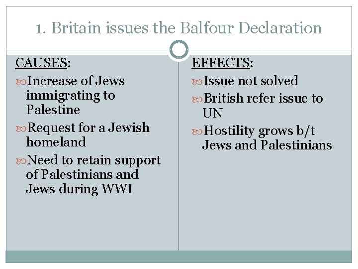 1. Britain issues the Balfour Declaration CAUSES: Increase of Jews immigrating to Palestine Request